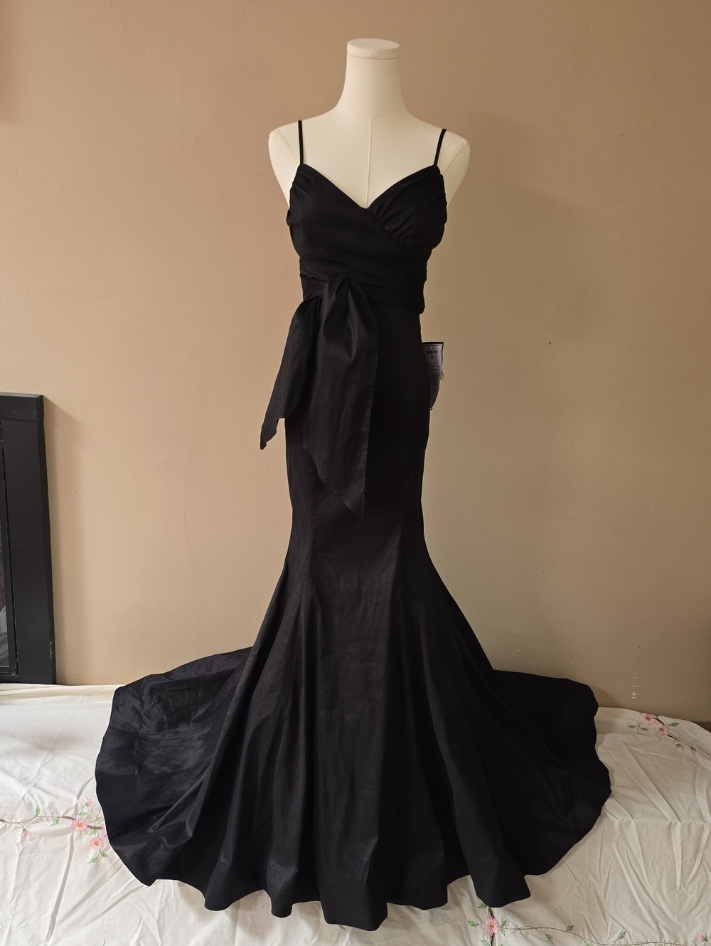 B Darlin Black Spaghetti-Strap Mermaid Gown with Waist Tie